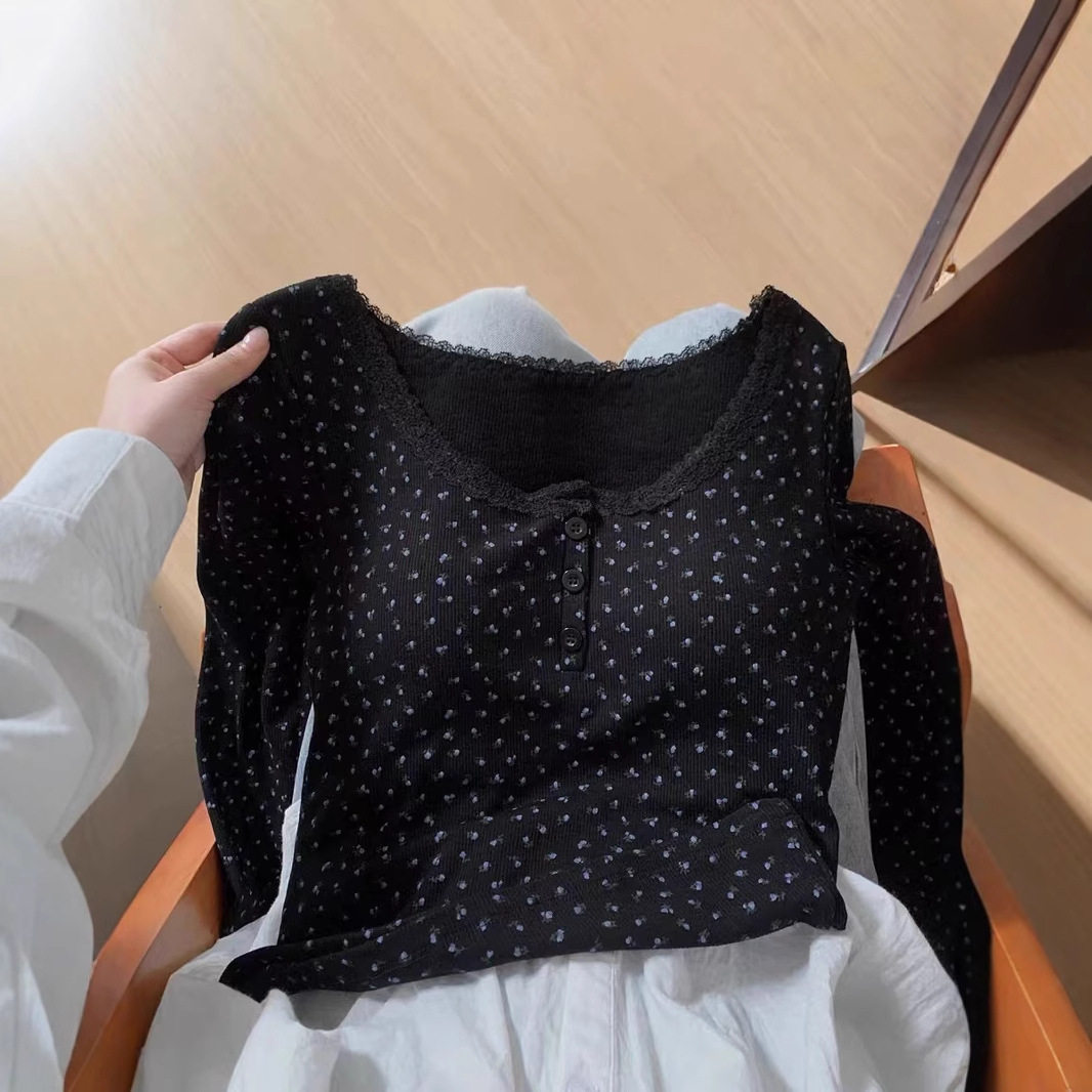 蕾丝边领碎花内搭打底衫女秋冬季加绒保暖长袖t恤带胸垫纯欲上衣