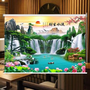 饰画上下升降窗帘 定制山水风景卷帘办公室客厅卧室遮光窗户遮挡装