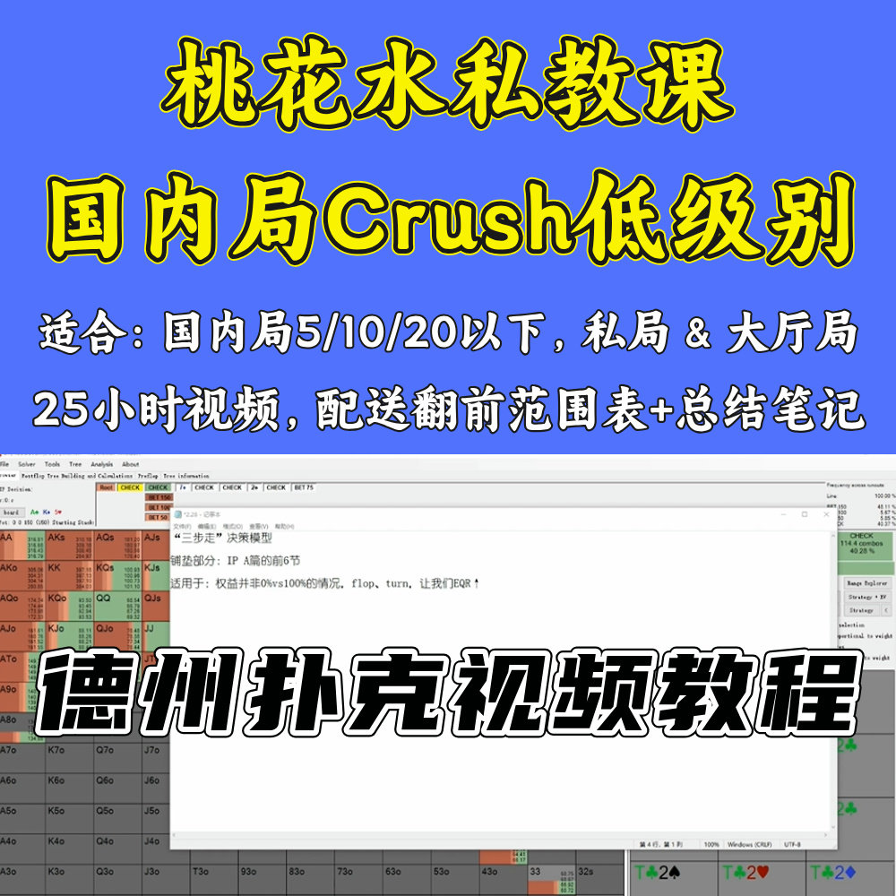 桃花水私教课德州扑克教程国内线上Cash现金桌剥削课送笔记范围表