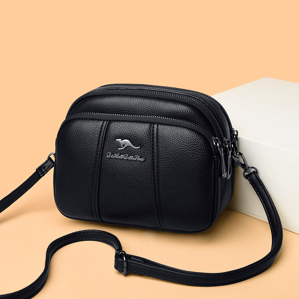 正品袋鼠真皮休闲小圆包女包2022新款百搭软皮三层单肩斜跨小包