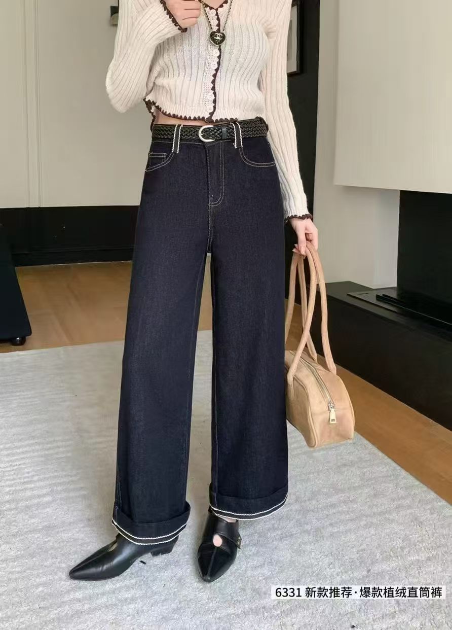 欧洲站2025夏季新款高腰显瘦拼接蕾丝花边九分阔腿牛仔裤女6977
