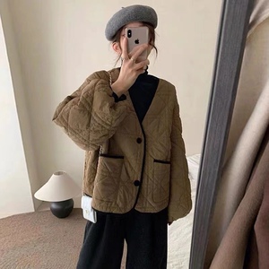 小香风冬款韩系温柔风咖色菱格棉衣棉服外套女款秋冬季欧货小棉袄