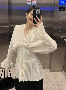24ss早秋法式小众设计师款气质百褶V领喇叭袖收腰衬衫上衣全码女