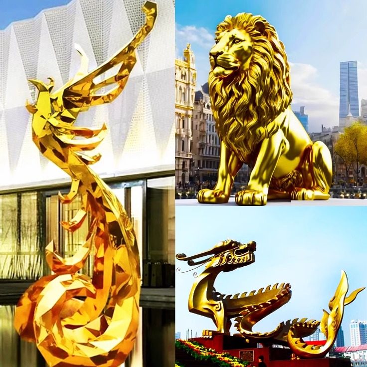 不锈钢雕塑定制金属大型动物马摆件金色凤凰镜面鹿户外园林景观