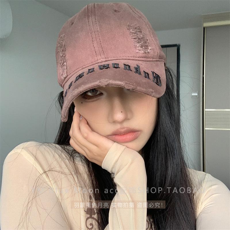 潮牌辣妹废土风做旧破洞牛仔女棒球帽韩版软顶百搭刺绣鸭舌帽子图片