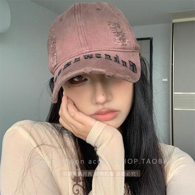 潮牌辣妹废土风做旧破洞牛仔女棒球帽韩版软顶百搭刺绣鸭舌帽子