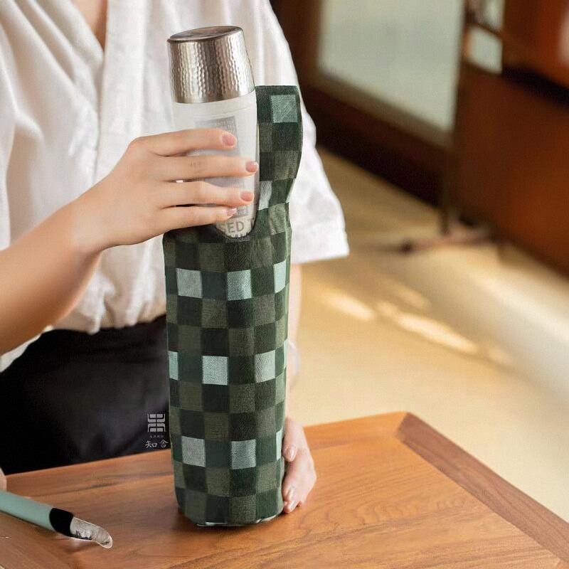 知舍 手工香云纱编织格纹旅行包 中式复古风壶袋保温杯袋夹棉防震