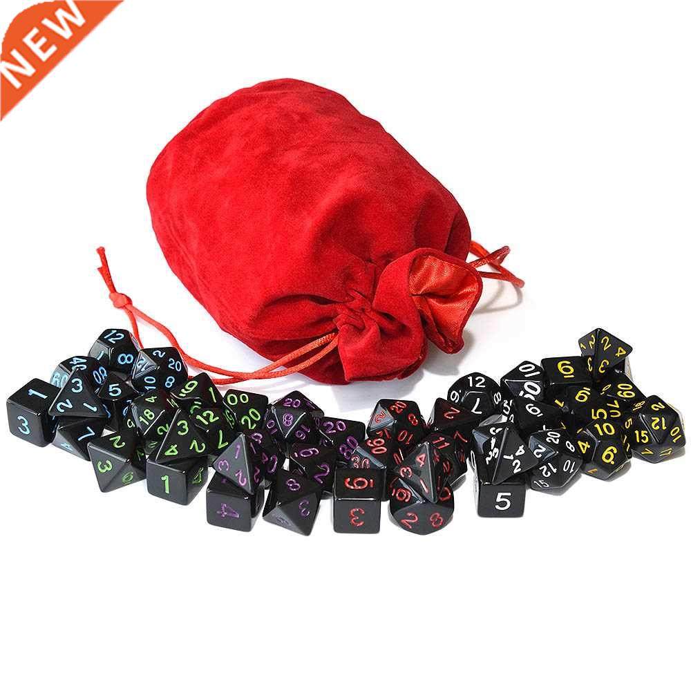 opaque black polyhedral dice 6 and drawstring velvet pouch