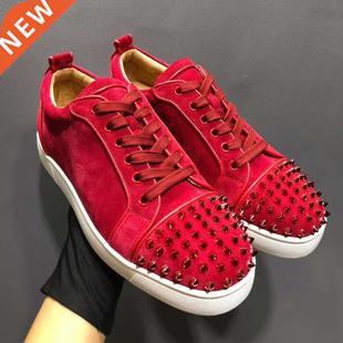 Low  Red Suede Sneakers With Rivets Luxury Designer Men's