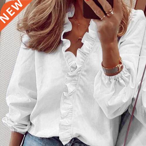 Elegant White Ruffle Blouse Shirts Women Autumn Spring Long