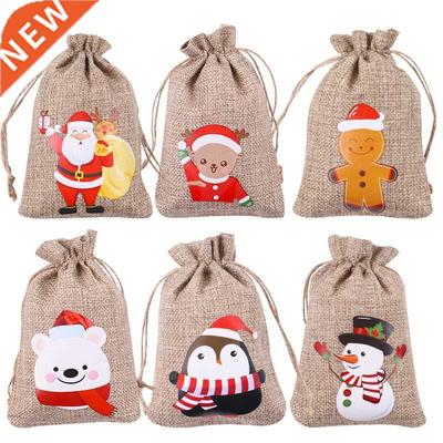 10Pcs Jute Bags Christmas Gift Drawstring Pouch Cotton Linen
