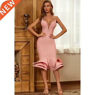 Slip Ruffles Rayon Bandage Dress Elegant Evening Party Dress