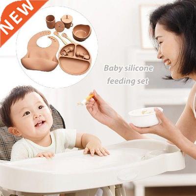 9pcs Baby Plate Set Silicone Anti Slip Feeding Bib Spoon