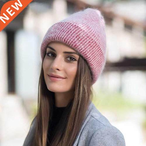 simple Girl Rabbit fur Knitted Hat for Women Winter Skullie