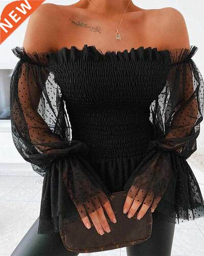 wsevypo New Sexy Off Shoulder Blouse Women Mesh Flare Sleeve