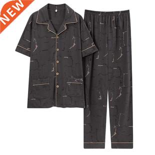 Summer Knitted Cotton Men Sleepwear Short Sleeve Turn-down C