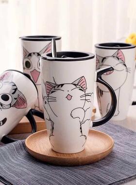 600ml Cute Cat Ceramics Coffee Mug with Lid Large Capacity A