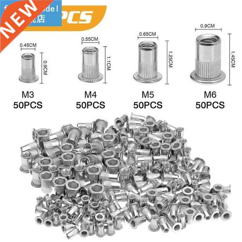 200Pcs Rivet Nut Set 04 Stainless Steel Flat Head Threaded