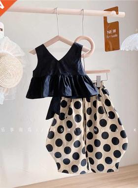 Girls Clothes Set Black Sleelvess Shirt and Dot Pants Toddle