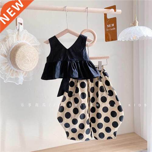 Girls Clothes Set Black Sleelvess Shirt and Dot Pants Toddle