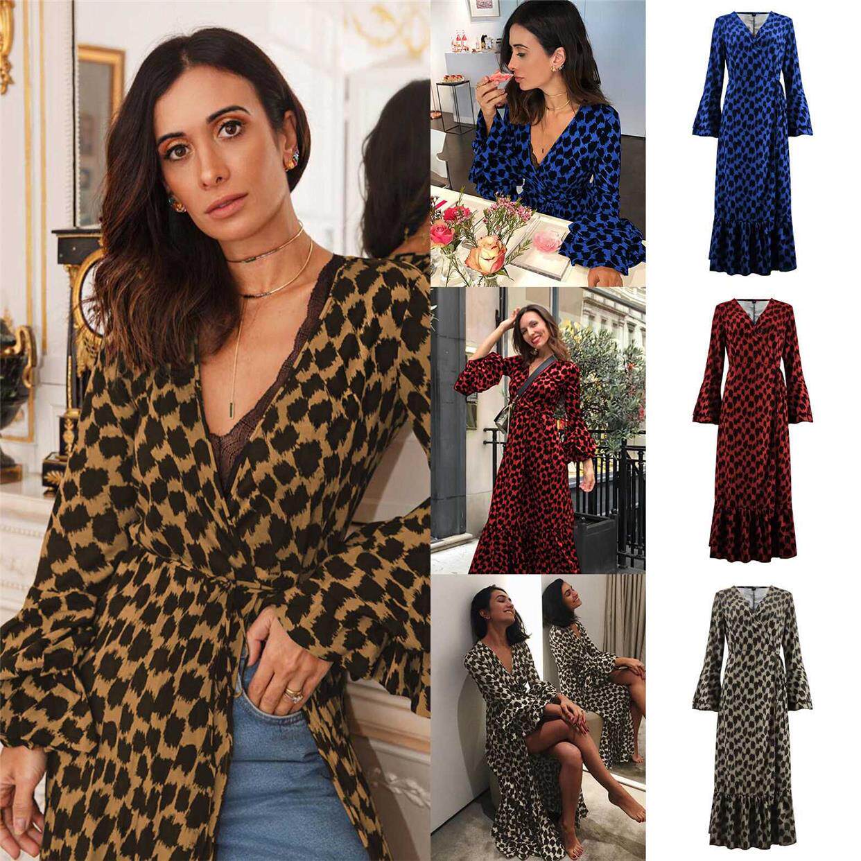 Women's leopard-print dresses with long flared sleeves连衣裙