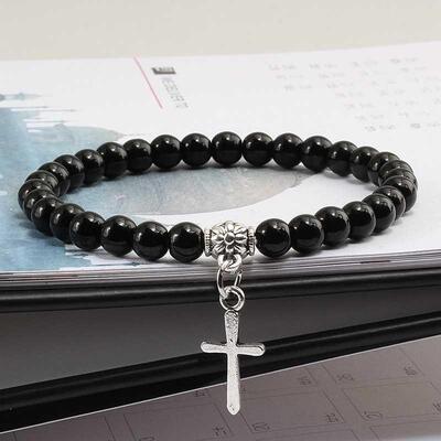6mm Boho Natural Blue Beads Bracelet Men Cross Pendant Black