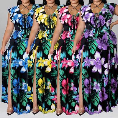 Xl-5xl plus size summer ruffled print dress for ladies大码裙