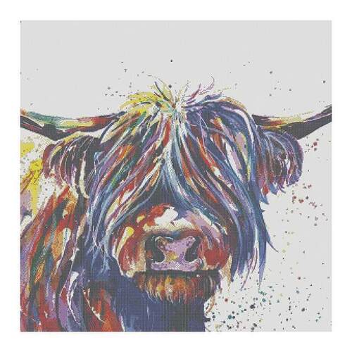 Cross Stitch Kits For Adults,Colorful Highland Cow, Printed