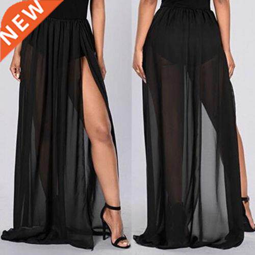 Women High Waist Mesh Skirts Empire See Through Sheer Side S