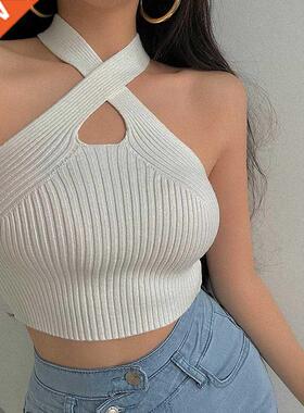 HELIAR Women Halter Tops Female Knitted Off Shoulder Crop To