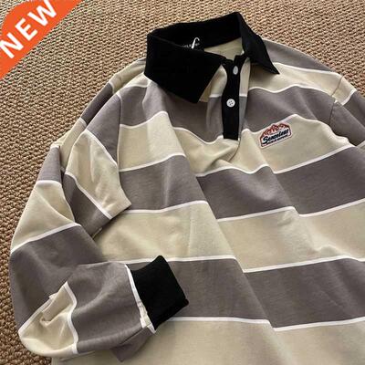 2022 Jpn Retro Striped Long-sleeved POLO Shirt Top Men Wom