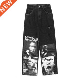 HOUZHOU Gothic Baggy Jeans Women Punk Hippie Streetwear Prin