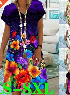 New women's summer casual loose dress printed V-collar short