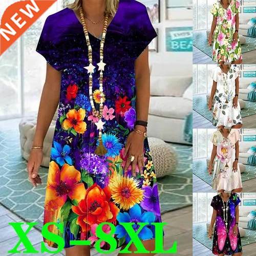 New women's summer casual loose dress printed V-collar short