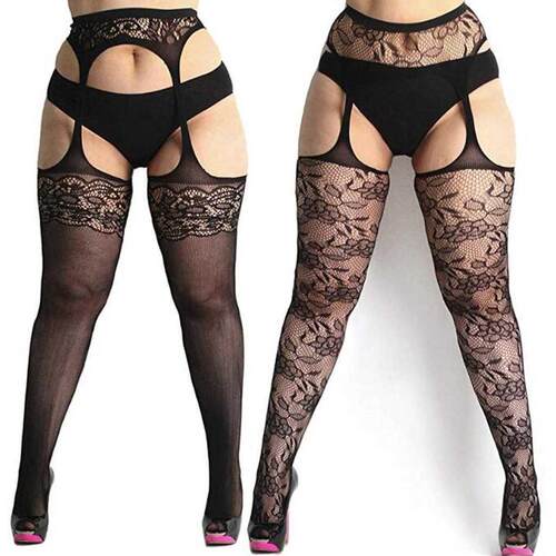 Women Black Stockings With Belt Set High Fishnet Tights Erot