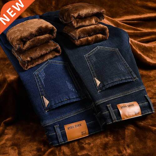 2021 Autumn Winter Warm Jeans for Men Slim Straight Plus Vel