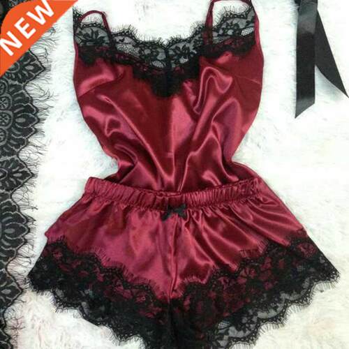 Women's Sleepwear Silk Sexy Satin Pajama Set Black Lace V-Ne
