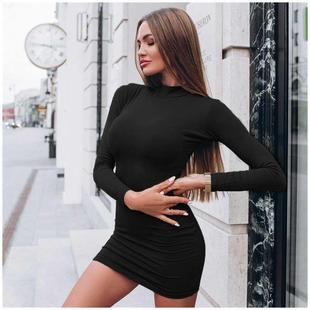 Autumn Sexy Solid Color Turtleneck Skinny Mini Dress Women F