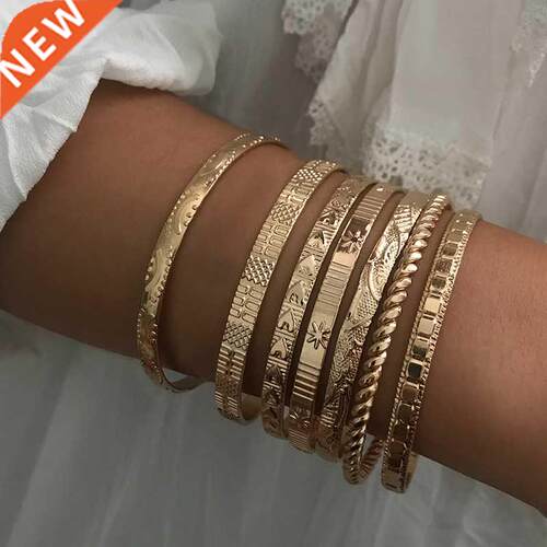 7 Pcs/Set Bohemian Vintage Gold Peach Heart Geometric Carved