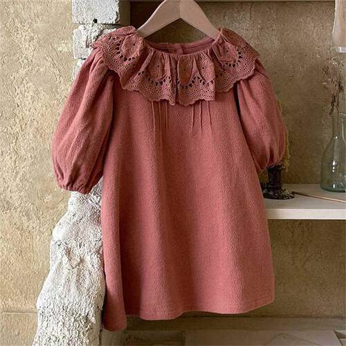 Korean girls' spring new dress little girl lace Lotus Leaf