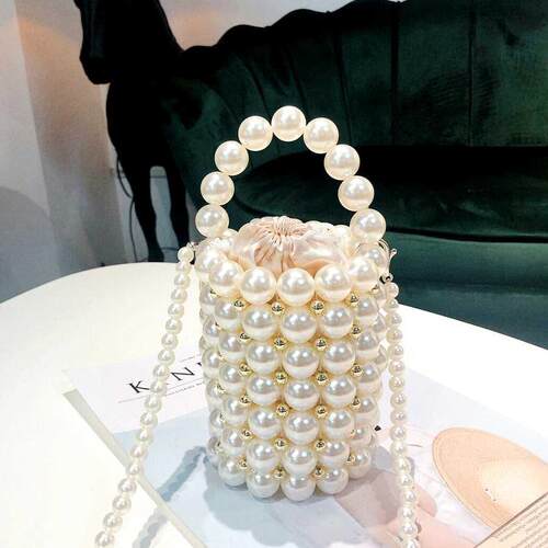 Handmade Big Pearl Bucket Bag Women Hand Woven High Quality