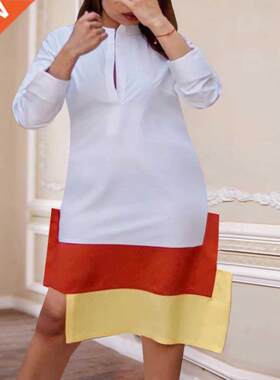 圆领长袖撞色宽松开叉OL通勤大码女装衬衫连衣裙women'sdress