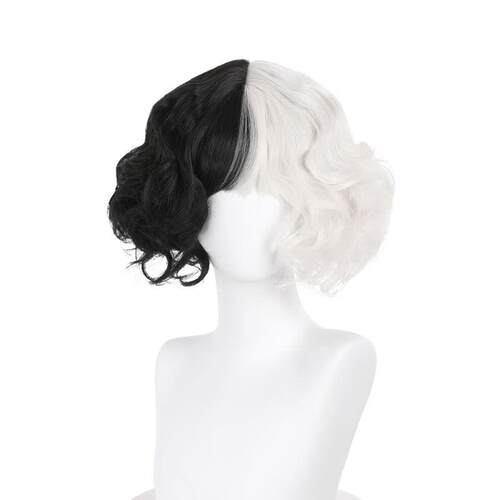 CRUELLA de Vil Cosplay Wig Short Curly Black White Ms. Spot