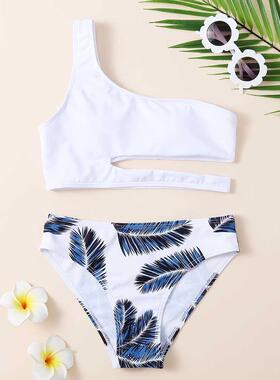 Tropical Leaf Print Girl Swisuit Kids One Shoulder Bikini S