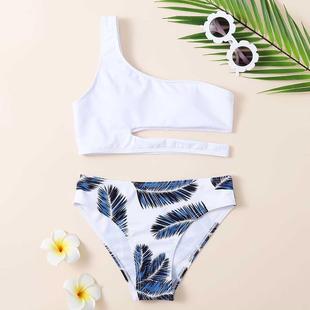 Tropical Leaf Print Girl Swisuit Kids One Shoulder Bikini S