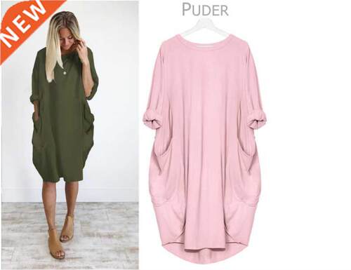 欧美风夏季新款纯色宽松七分袖连衣裙women dress dresses lades