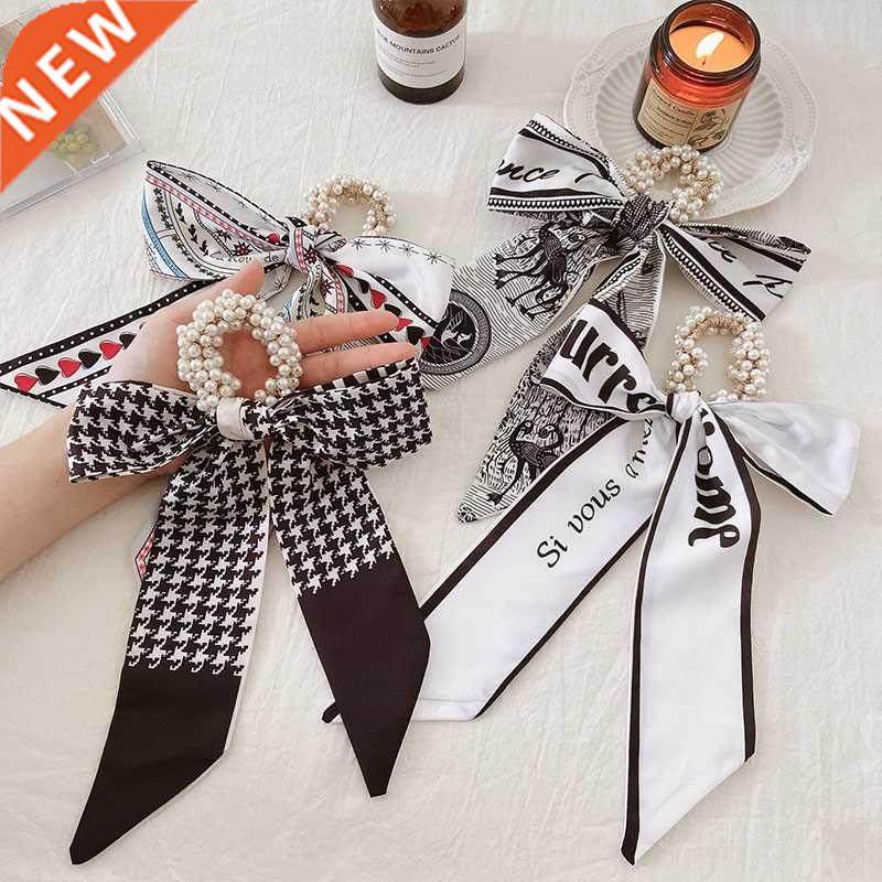 korea long ribbon pearls hair bands bow hair scrunchies for