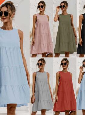 2022 Summer Women Vest Dress Cotton O-Neck Sleeveless Solid