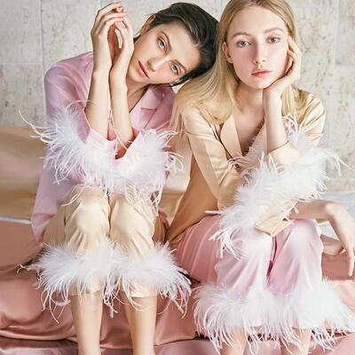 Restve Feathers Pajamas For Women 2 Piece Set Turn Down Coll