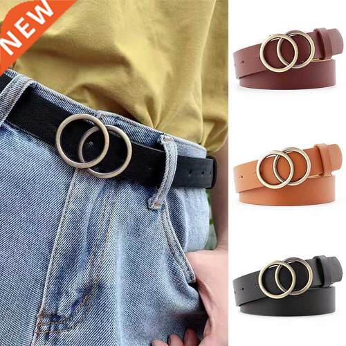 Women Fashion Big Double Ring Circle Metal Buckle Belt Wild